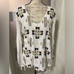 "Flowers of Romance" White and Brown Relaxed Graphic Blouse EUC
